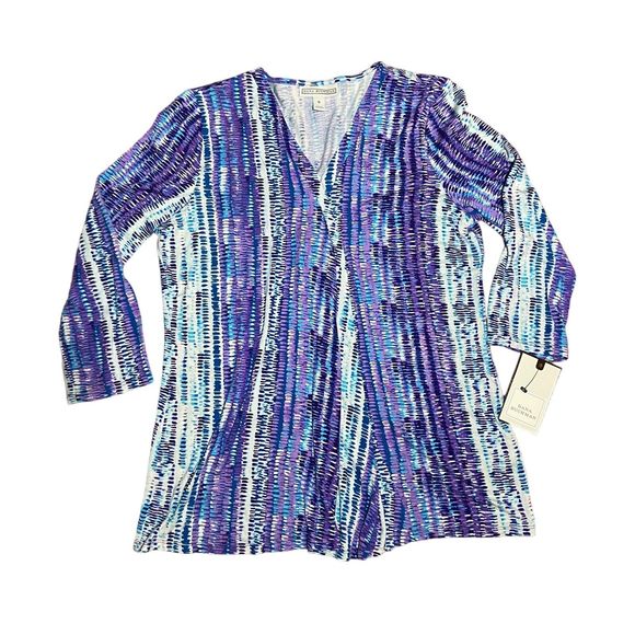 Dana Buchman Top Blouse Women Size S Small Blue Ruffled Front V-Neck 3/4 Sleeve - Picture 5 of 8
